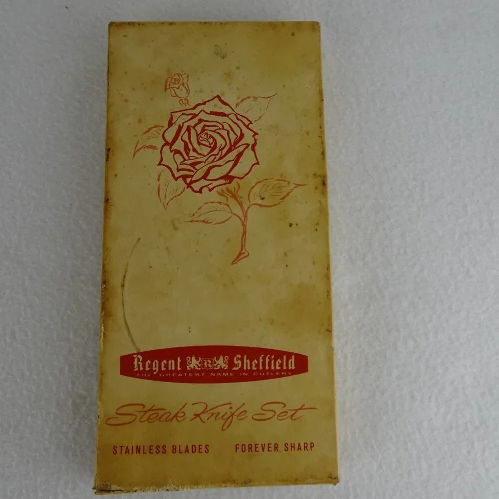 6 REGENT SHEFFIELD Steak Knives Stainless Blade Faux Antler Handle Original Box